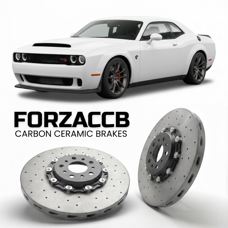 ForzaCCB direct OEM replacement carbon ceramic brake rotors for 2015 to 2019 Dodge Challenger Hellcat models, shown with a white Dodge Challenger Hellcat car.