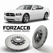 ForzaCCB direct OEM replacement carbon ceramic brake rotors for 2006-2010) Dodge Charger VI (LX models, shown with a white Dodge Charger car.