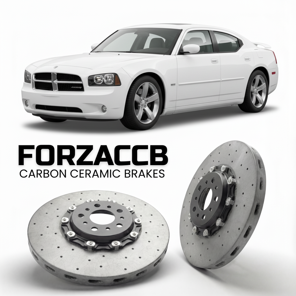 ForzaCCB direct OEM replacement carbon ceramic brake rotors for 2006-2010) Dodge Charger VI (LX models, shown with a white Dodge Charger car.