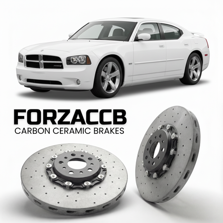 ForzaCCB direct OEM replacement carbon ceramic brake rotors for 2006-2010) Dodge Charger VI (LX models, shown with a white Dodge Charger car.