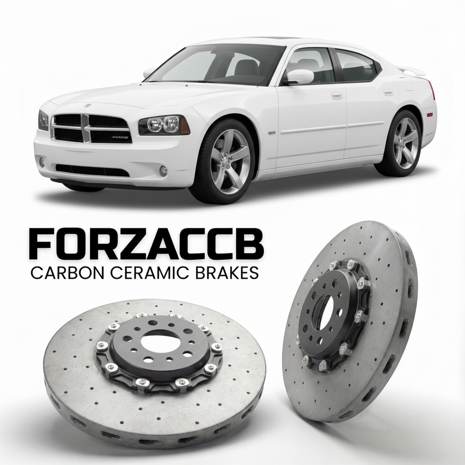 ForzaCCB direct OEM replacement carbon ceramic brake rotors for 2006-2010) Dodge Charger VI (LX models, shown with a white Dodge Charger car.