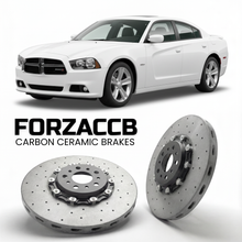 ForzaCCB direct OEM replacement carbon ceramic brake rotors for 2011-2014) Dodge Charger VII (LD models, shown with a white Dodge Charger car.