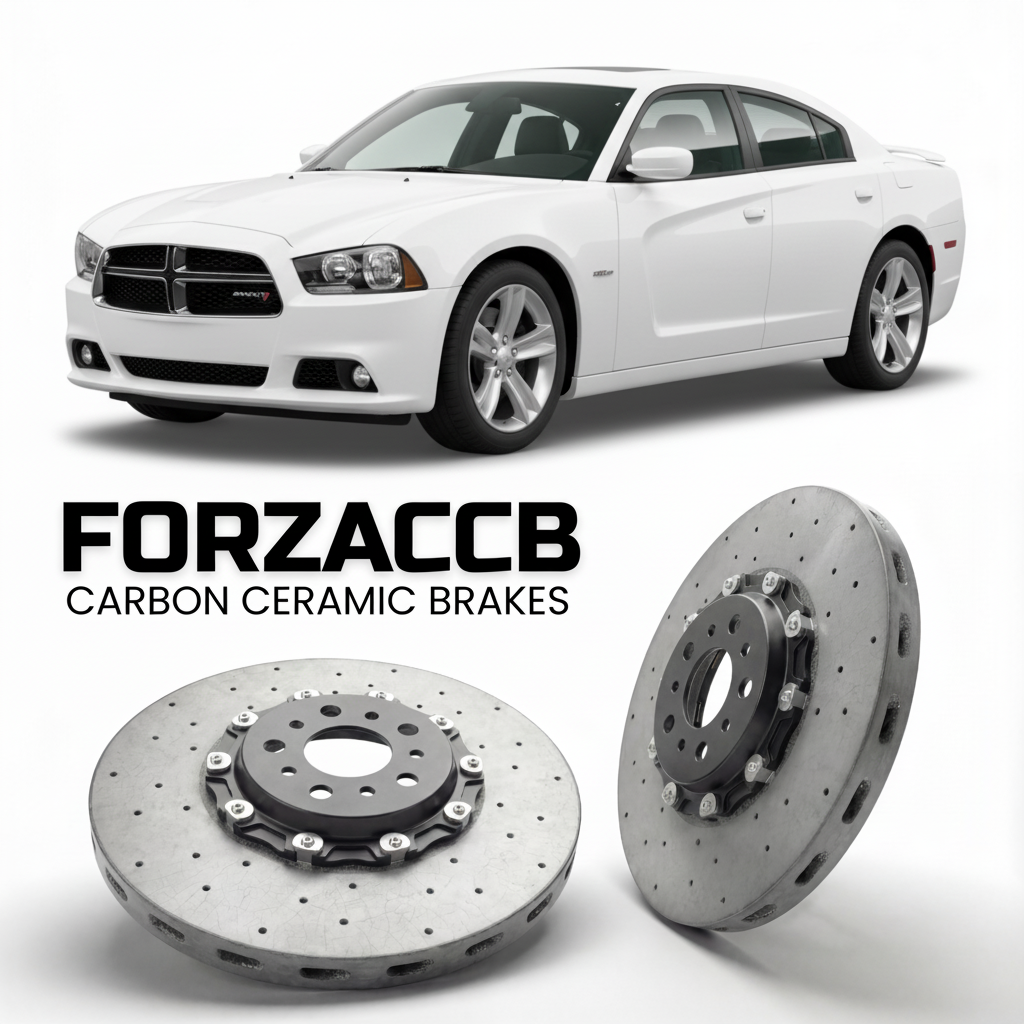 ForzaCCB direct OEM replacement carbon ceramic brake rotors for 2011-2014) Dodge Charger VII (LD models, shown with a white Dodge Charger car.