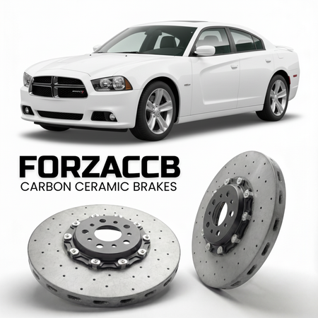ForzaCCB direct OEM replacement carbon ceramic brake rotors for 2011-2014) Dodge Charger VII (LD models, shown with a white Dodge Charger car.