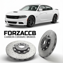 ForzaCCB direct OEM replacement carbon ceramic brake rotors for 2015-2019) Dodge Charger VII (LD, facelift 2015 models, shown with a white Dodge Charger car.