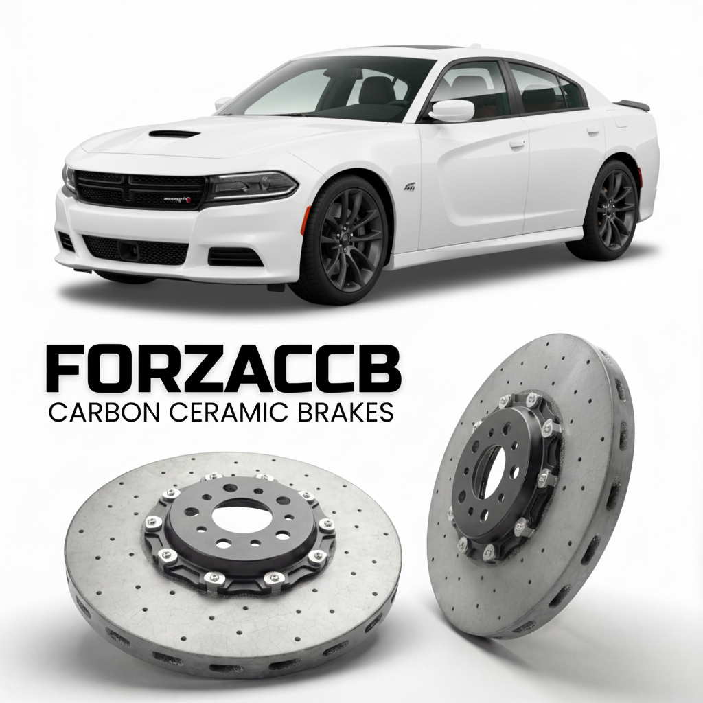 ForzaCCB direct OEM replacement carbon ceramic brake rotors for 2015-2019) Dodge Charger VII (LD, facelift 2015 models, shown with a white Dodge Charger car.