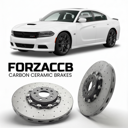 ForzaCCB direct OEM replacement carbon ceramic brake rotors for 2015-2019) Dodge Charger VII (LD, facelift 2015 models, shown with a white Dodge Charger car.