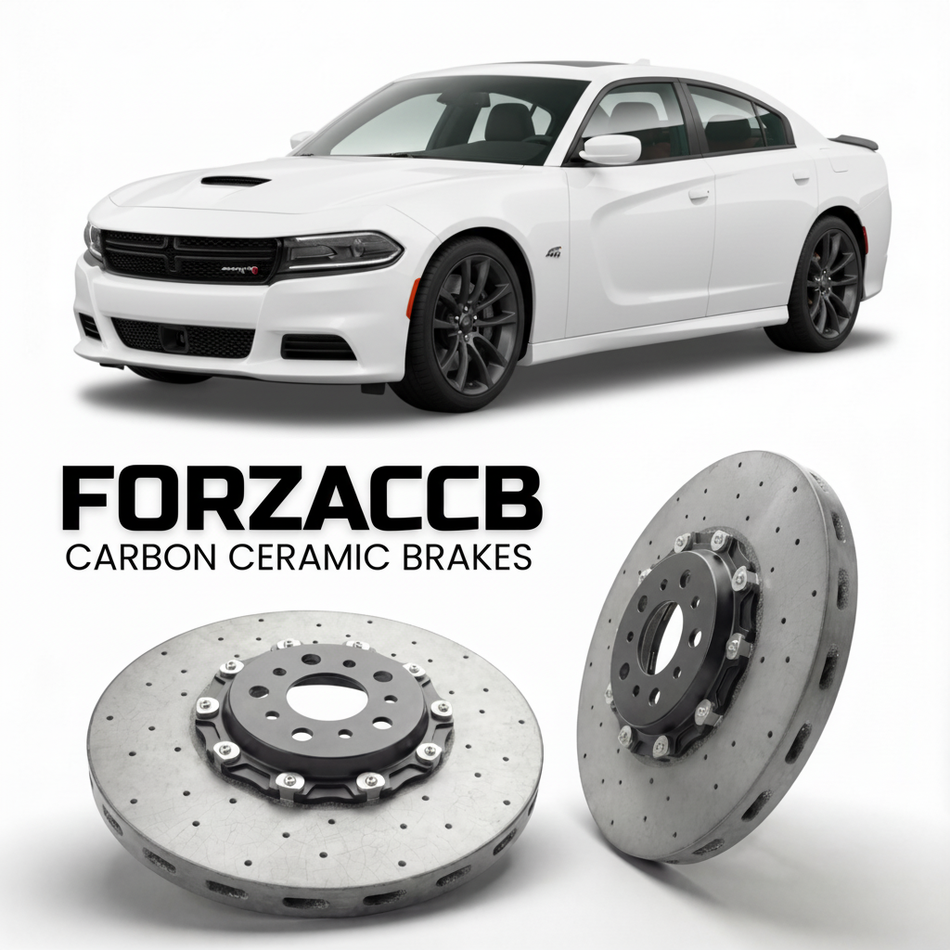 ForzaCCB direct OEM replacement carbon ceramic brake rotors for 2015-2019) Dodge Charger VII (LD, facelift 2015 models, shown with a white Dodge Charger car.