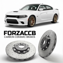ForzaCCB direct OEM replacement carbon ceramic brake rotors for 2019-2023) Dodge Charger VII (LD, facelift 2019 models, shown with a white Dodge Charger car.
