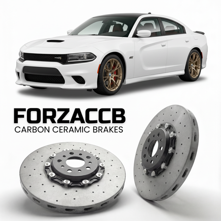 ForzaCCB direct OEM replacement carbon ceramic brake rotors for 2019-2023) Dodge Charger VII (LD, facelift 2019 models, shown with a white Dodge Charger car.