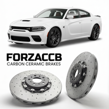 ForzaCCB direct OEM replacement carbon ceramic brake rotors for 2024 and newer Dodge Charger VIII 2-Door models, shown with a white Dodge Charger car.