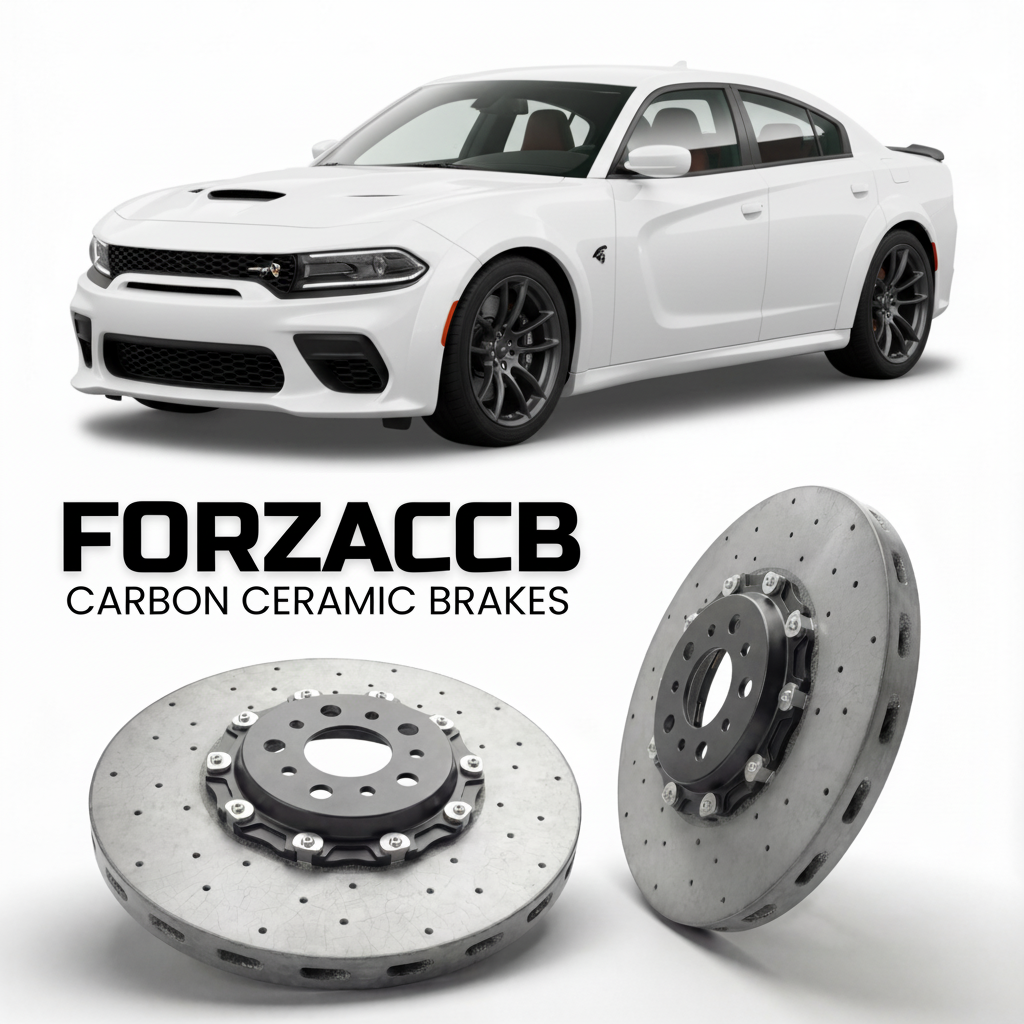 ForzaCCB direct OEM replacement carbon ceramic brake rotors for 2024 and newer Dodge Charger VIII 2-Door models, shown with a white Dodge Charger car.