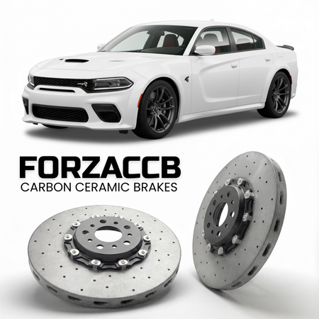 ForzaCCB direct OEM replacement carbon ceramic brake rotors for 2024 and newer Dodge Charger VIII 2-Door models, shown with a white Dodge Charger car.