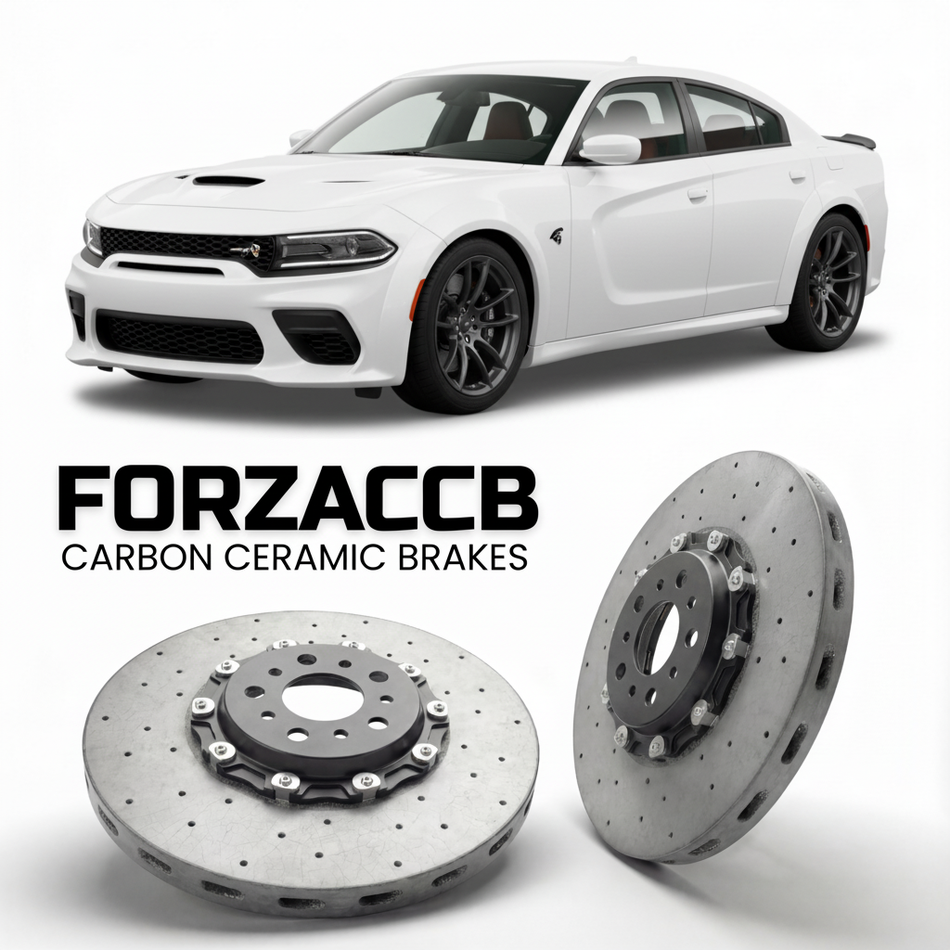 ForzaCCB direct OEM replacement carbon ceramic brake rotors for 2024 and newer Dodge Charger VIII 2-Door models, shown with a white Dodge Charger car.