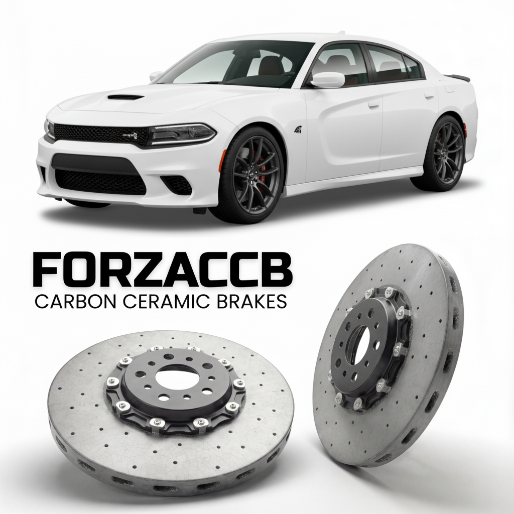 ForzaCCB direct OEM replacement carbon ceramic brake rotors for 2025 and newer Dodge Charger VIII 4-Door models, shown with a white Dodge Charger car.