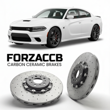 ForzaCCB direct OEM replacement carbon ceramic brake rotors for 2025 and newer Dodge Charger VIII 4-Door models, shown with a white Dodge Charger car.