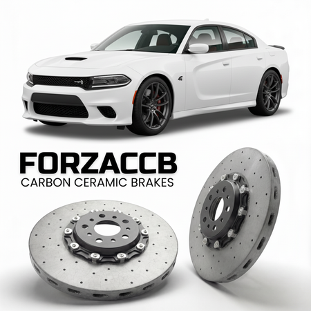 ForzaCCB direct OEM replacement carbon ceramic brake rotors for 2025 and newer Dodge Charger VIII 4-Door models, shown with a white Dodge Charger car.