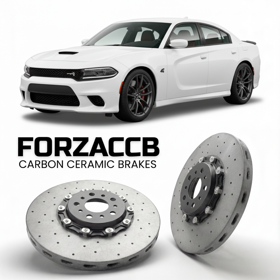 ForzaCCB direct OEM replacement carbon ceramic brake rotors for 2025 and newer Dodge Charger VIII 4-Door models, shown with a white Dodge Charger car.