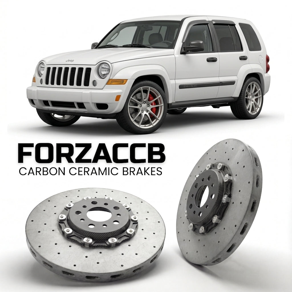 ForzaCCB direct OEM replacement carbon ceramic brake rotors for 2005-2008) Jeep Cherokee III (KJ models, shown with a white Jeep Cherokee car.