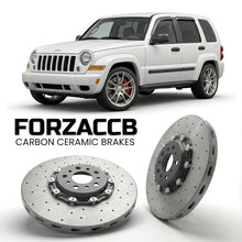 ForzaCCB direct OEM replacement carbon ceramic brake rotors for 2005-2008) Jeep Cherokee III (KJ models, shown with a white Jeep Cherokee car.