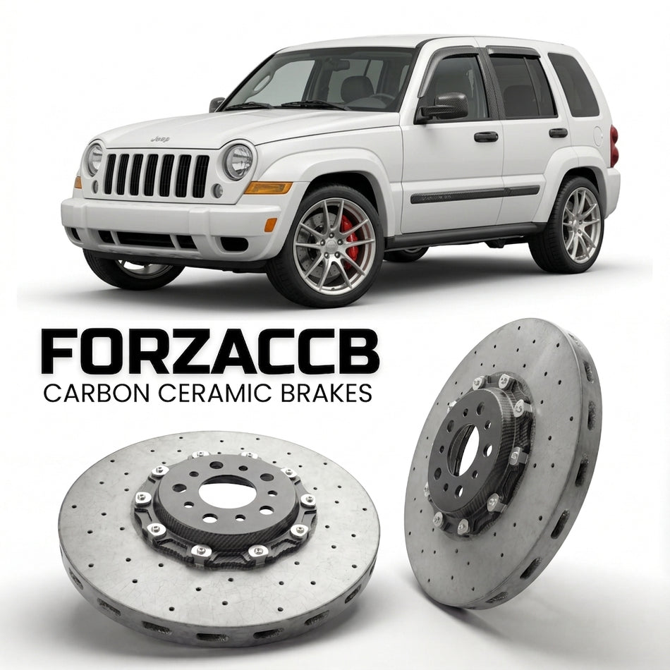 ForzaCCB direct OEM replacement carbon ceramic brake rotors for 2005-2008) Jeep Cherokee III (KJ models, shown with a white Jeep Cherokee car.