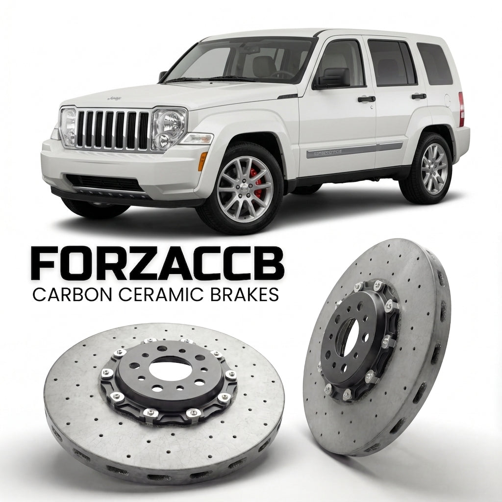 ForzaCCB direct OEM replacement carbon ceramic brake rotors for 2008-2012) Jeep Cherokee IV (KK models, shown with a white Jeep Cherokee car.