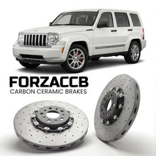 ForzaCCB direct OEM replacement carbon ceramic brake rotors for 2008-2012) Jeep Cherokee IV (KK models, shown with a white Jeep Cherokee car.