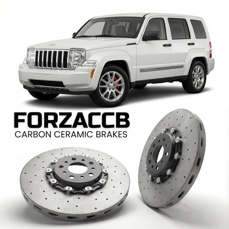ForzaCCB direct OEM replacement carbon ceramic brake rotors for 2008-2012) Jeep Cherokee IV (KK models, shown with a white Jeep Cherokee car.