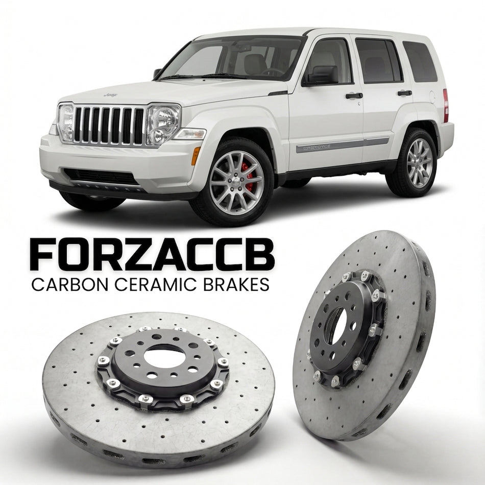 ForzaCCB direct OEM replacement carbon ceramic brake rotors for 2008-2012) Jeep Cherokee IV (KK models, shown with a white Jeep Cherokee car.