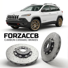 ForzaCCB direct OEM replacement carbon ceramic brake rotors for 2013-2017) Jeep Cherokee V (KL models, shown with a white Jeep Cherokee car.