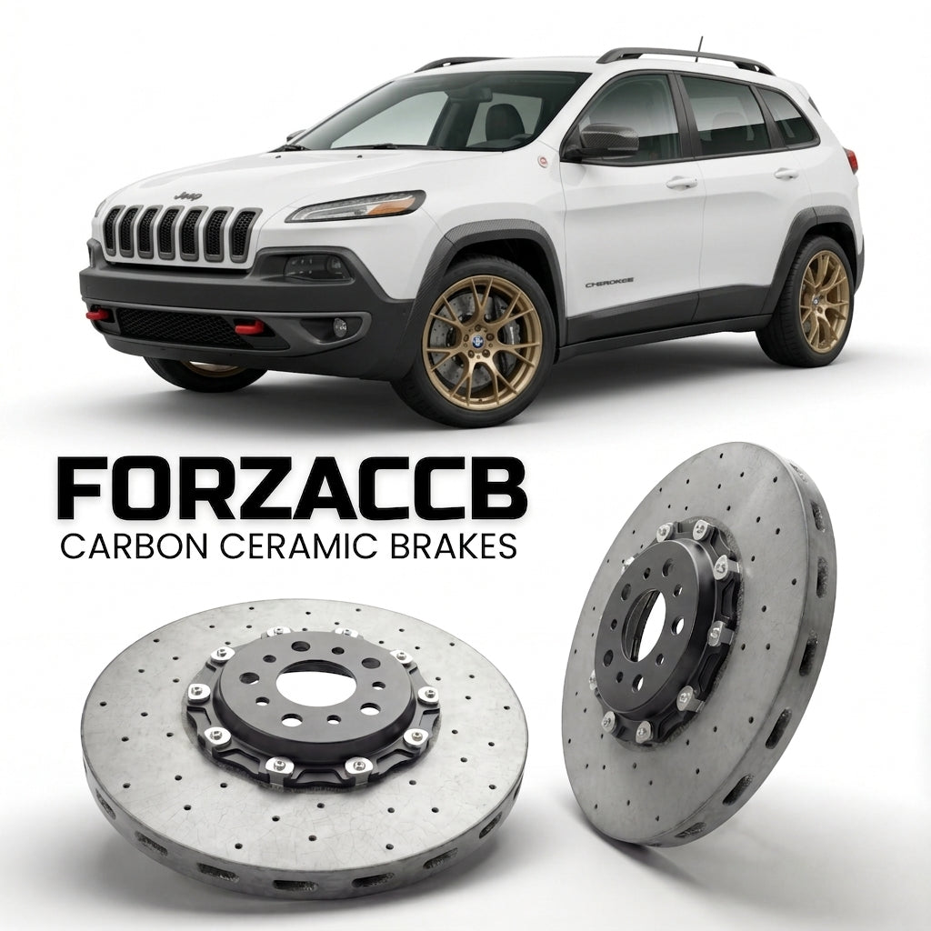 ForzaCCB direct OEM replacement carbon ceramic brake rotors for 2013-2017) Jeep Cherokee V (KL models, shown with a white Jeep Cherokee car.