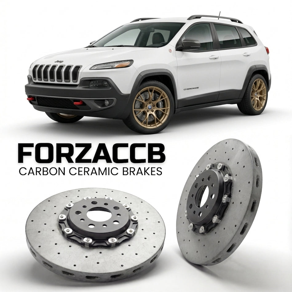 ForzaCCB direct OEM replacement carbon ceramic brake rotors for 2013-2017) Jeep Cherokee V (KL models, shown with a white Jeep Cherokee car.