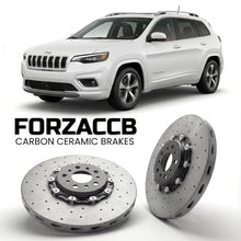 ForzaCCB direct OEM replacement carbon ceramic brake rotors for 2018-2023) Jeep Cherokee V (KL, facelift 2018 models, shown with a white Jeep Cherokee car.