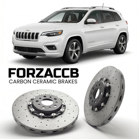 ForzaCCB direct OEM replacement carbon ceramic brake rotors for 2018-2023) Jeep Cherokee V (KL, facelift 2018 models, shown with a white Jeep Cherokee car.