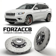 ForzaCCB direct OEM replacement carbon ceramic brake rotors for 2025+) Jeep Cherokee VI (KM models, shown with a white Jeep Cherokee car.