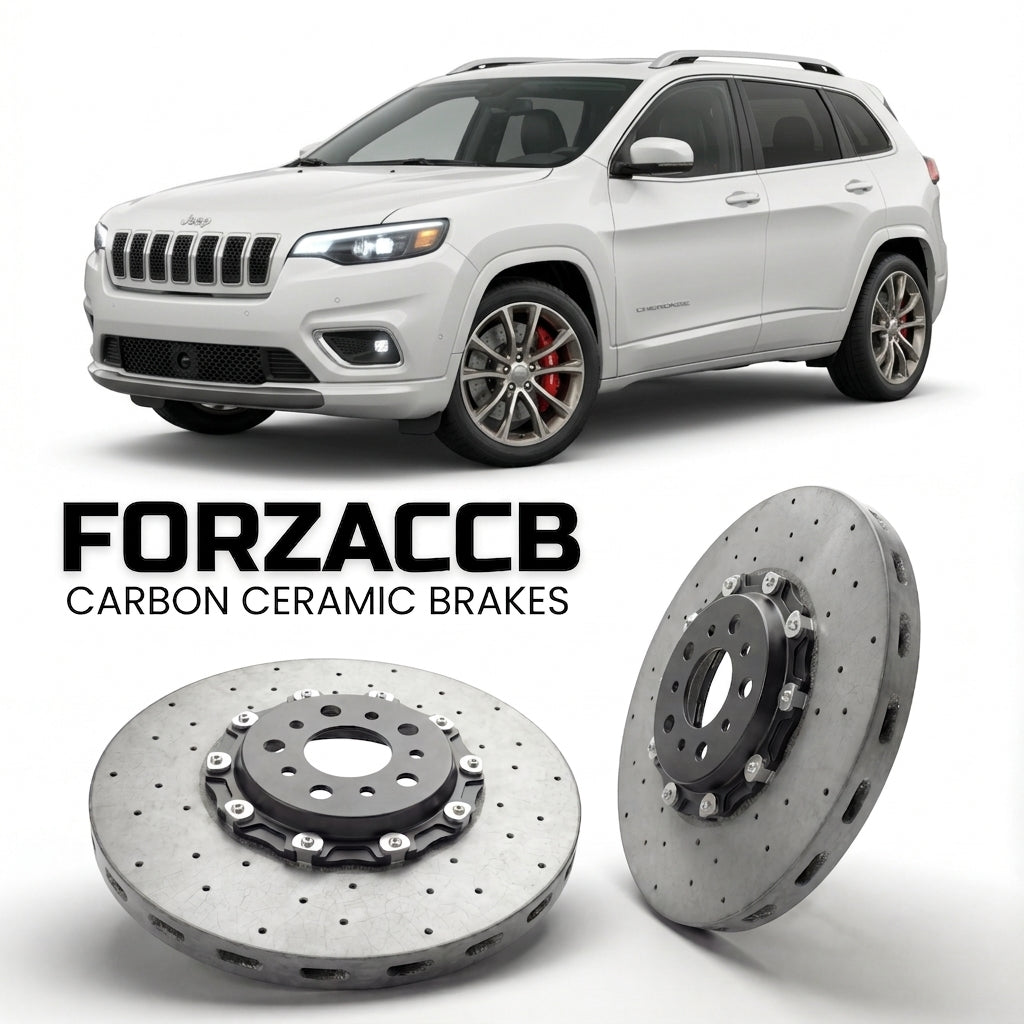 ForzaCCB direct OEM replacement carbon ceramic brake rotors for 2025+) Jeep Cherokee VI (KM models, shown with a white Jeep Cherokee car.