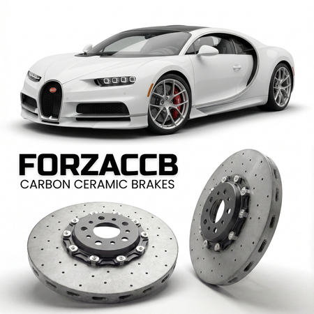 ForzaCCB direct OEM replacement carbon ceramic brake rotors for 2016 and newer Bugatti Chiron models, shown with a white Bugatti Chiron car.