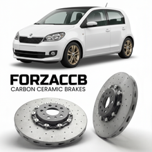 ForzaCCB direct OEM replacement carbon ceramic brake rotors for 2013 to 2021 Skoda Citigo AA models, shown with a white Skoda Citigo car.