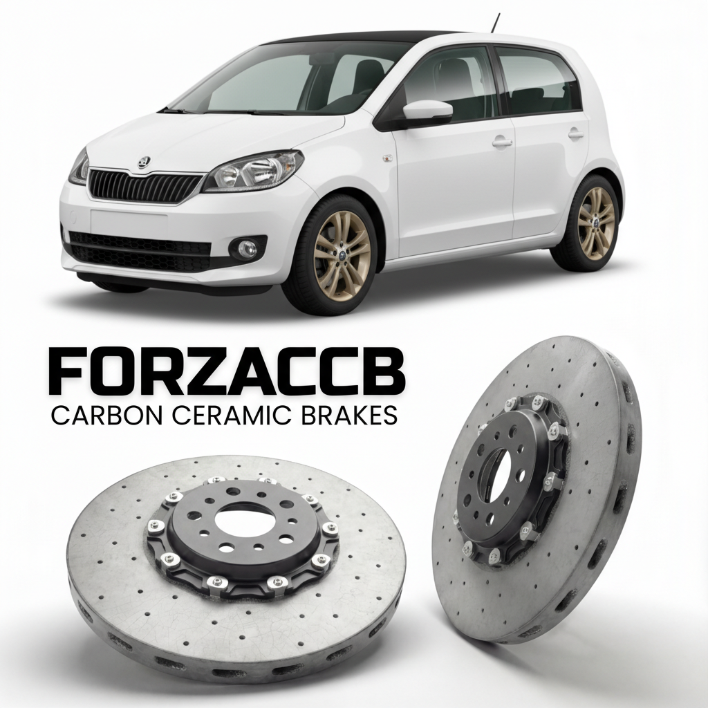 ForzaCCB direct OEM replacement carbon ceramic brake rotors for 2013 to 2021 Skoda Citigo AA models, shown with a white Skoda Citigo car.
