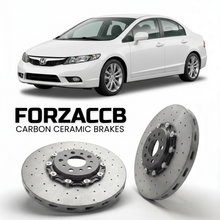 ForzaCCB direct OEM replacement carbon ceramic brake rotors for 2010 to 2011 Honda Civic FA1, FG1 models, shown with a white Honda Civic car.