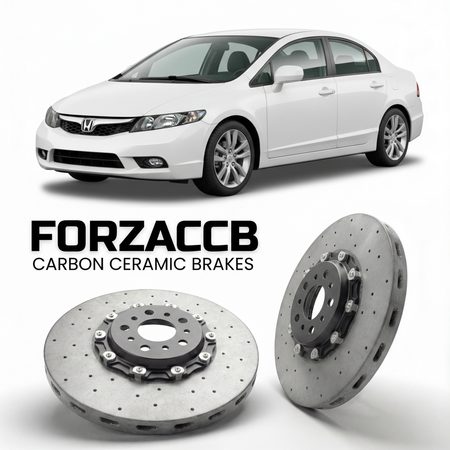ForzaCCB direct OEM replacement carbon ceramic brake rotors for 2010 to 2011 Honda Civic FA1, FG1 models, shown with a white Honda Civic car.