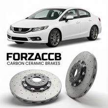 ForzaCCB direct OEM replacement carbon ceramic brake rotors for 2012 to 2015 Honda Civic FB2, FG3 models, shown with a white Honda Civic car.