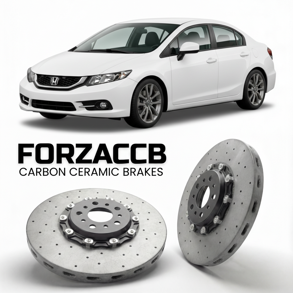 ForzaCCB direct OEM replacement carbon ceramic brake rotors for 2012 to 2015 Honda Civic FB2, FG3 models, shown with a white Honda Civic car.