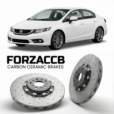 ForzaCCB direct OEM replacement carbon ceramic brake rotors for 2012 to 2015 Honda Civic FB2, FG3 models, shown with a white Honda Civic car.
