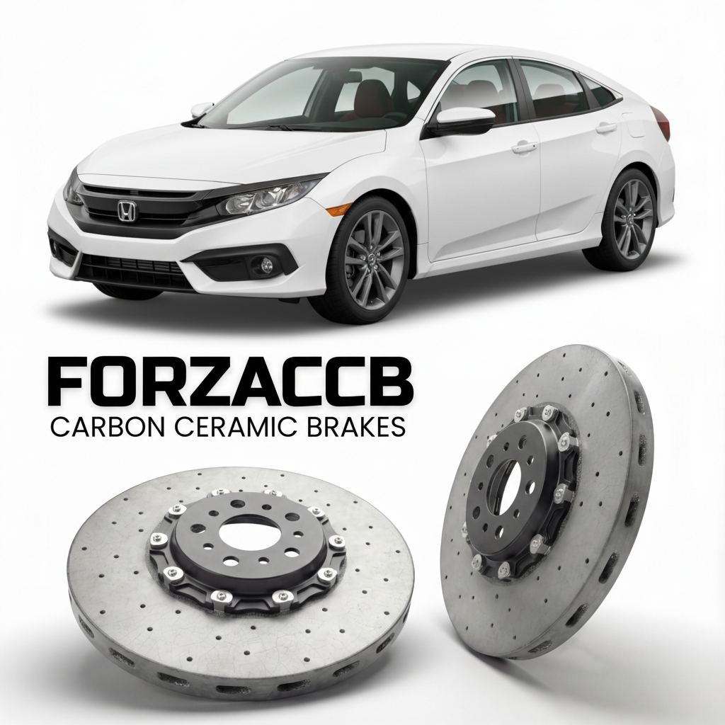 ForzaCCB direct OEM replacement carbon ceramic brake rotors for 2016 to 2021 Honda Civic FC1, FC2, FK7 models, shown with a white Honda Civic car.