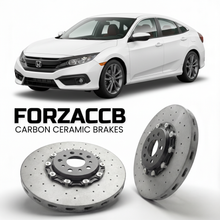 ForzaCCB direct OEM replacement carbon ceramic brake rotors for 2016 to 2021 Honda Civic FC1, FC2, FK7 models, shown with a white Honda Civic car.