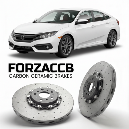 ForzaCCB direct OEM replacement carbon ceramic brake rotors for 2016 to 2021 Honda Civic FC1, FC2, FK7 models, shown with a white Honda Civic car.