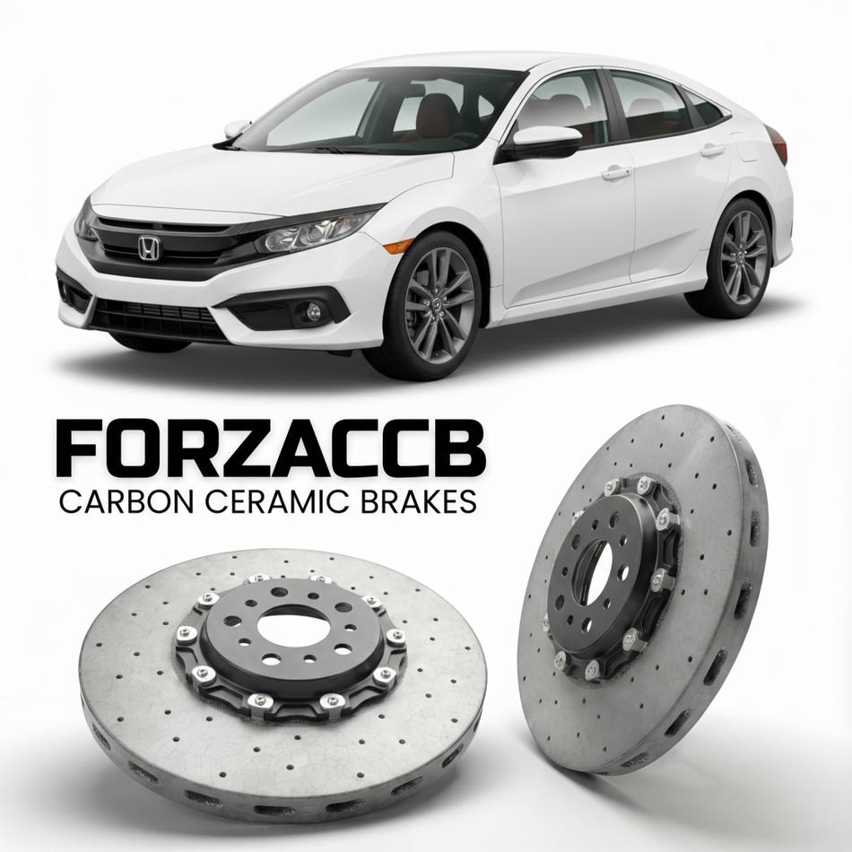 ForzaCCB direct OEM replacement carbon ceramic brake rotors for 2016 to 2021 Honda Civic FC1, FC2, FK7 models, shown with a white Honda Civic car.