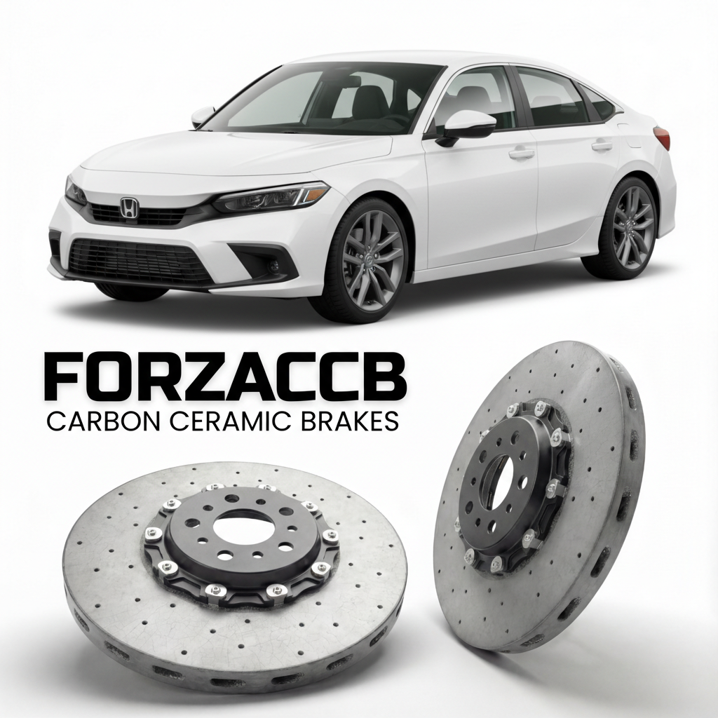 ForzaCCB direct OEM replacement carbon ceramic brake rotors for 2022 and newer Honda Civic FE2, FL1 models, shown with a white Honda Civic car.