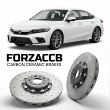 ForzaCCB direct OEM replacement carbon ceramic brake rotors for 2022 and newer Honda Civic FE2, FL1 models, shown with a white Honda Civic car.